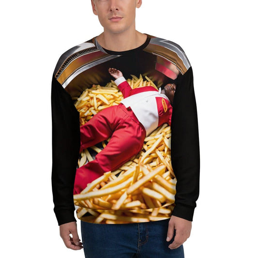 "Deep-Fried Dreams: Men's Funny Guy Passed Out in the Fry Machine Pattern Long-Sleeved Sweatshirt" - AIBUYDESIGN