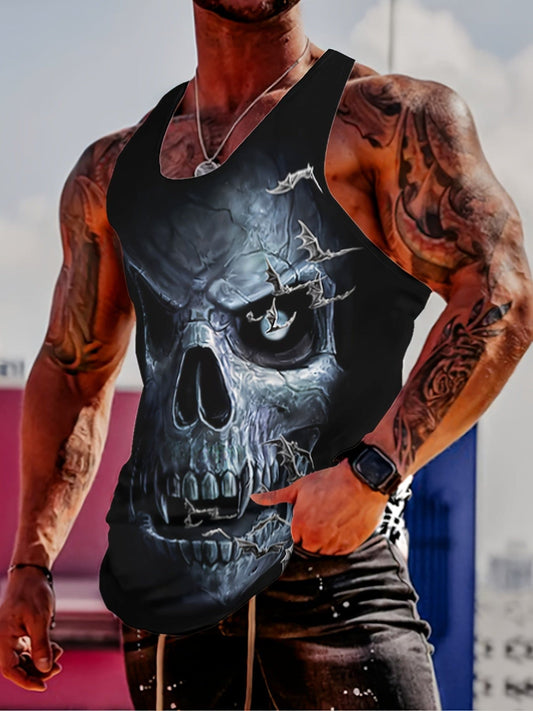 Fashion Skull Head 3D Print Men's Tank Top For Summer, Men's Breathable Lightweight Top For Gym Fitness
