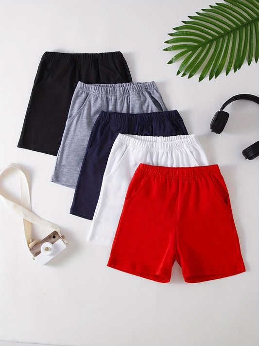5pcs Boys Trendy Solid Color Shorts, Versatile Comfy Shorts, Boys Clothes For Spring And Summer