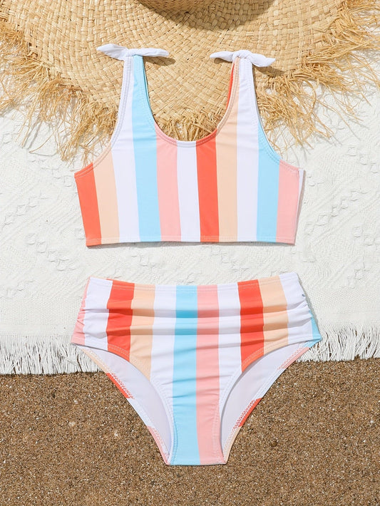 Girls 2pcs Stripe Bow Straps Swimsuit, Classic Fashion 2-Piece Bikini Swimwear For Pool Beach Vacation Outfit Summer