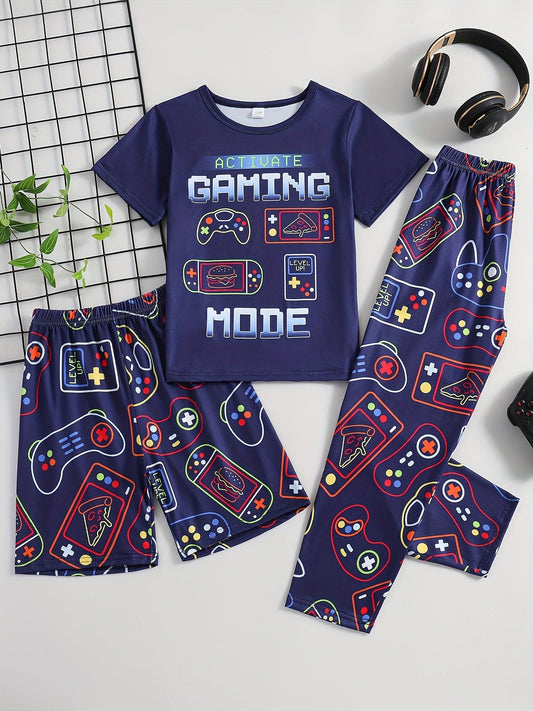 Boys 3-piece Pajama Set Cartoon Gamepad Print Crew Neck Short Sleeve T-shirt & Matching Shorts & Pants Comfy Loungewear