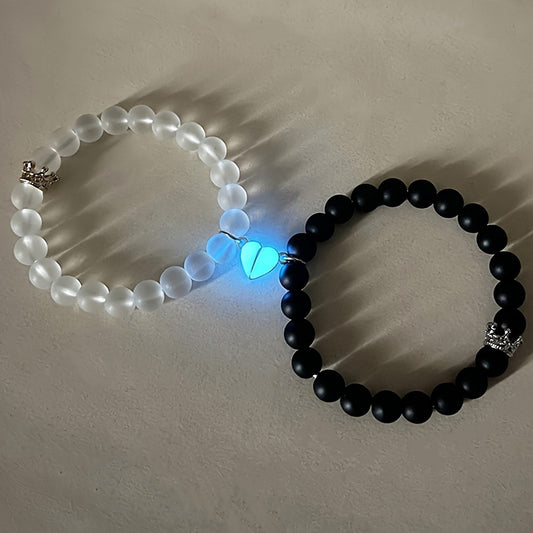 4 pcs of Blue Light 8mm Natural Stone Heart Shaped Magnet Bead Elastic Couple's Bracelets