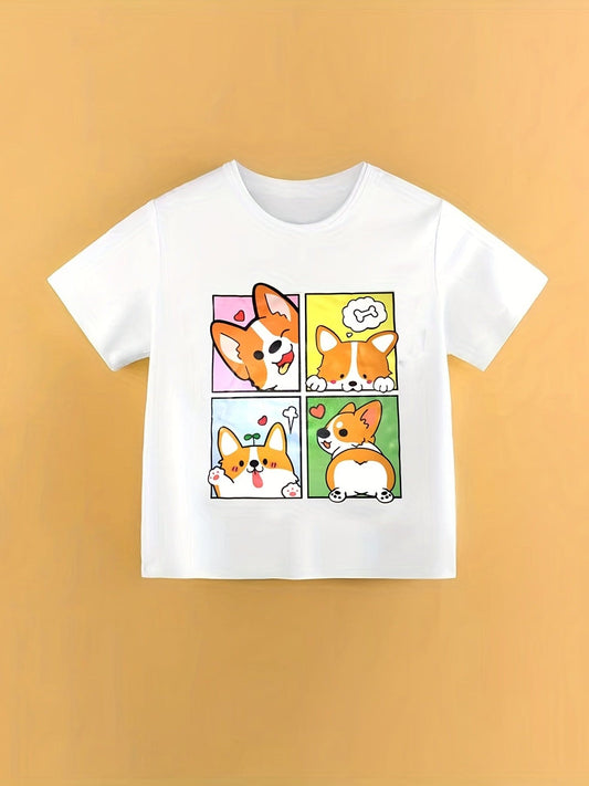 Girls' Cartoon Puppy Graphic Cute T-Shirt - Short Sleeve Casual Tee for Kids - Gift, Party, Holiday - Daily Wear