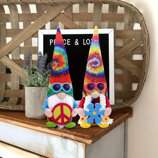 2pcs, Hippie Gnomes Groovy Plush Gnomes Decoration With Peace Sign Sunglasses Spring Summer Tie Dye Tomte Swedish Collectible Figurine Farmhouse Hippie Psychedelic Room Decor Gift For Friends And Family