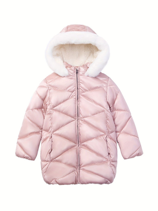Girls' Winter Coat, Cute Casual Windproof & Waterproof, Fleece-Lined Thick Quilted Cotton Jacket With Hood, Pink - Cozy Warm Outerwear For Kids