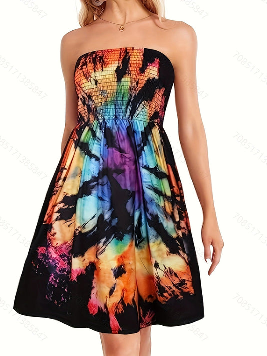 Tie Dye Print Shirred Tube Dress, Casual Pleated Sleeveless Dress For Spring & Summer, Women's Clothing
