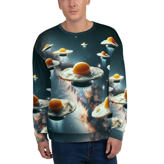 "Eggstraterrestrial Encounter: Men's Funny Fried Egg-Shaped UFOs Pattern Long-Sleeved Sweatshirt" - AIBUYDESIGN