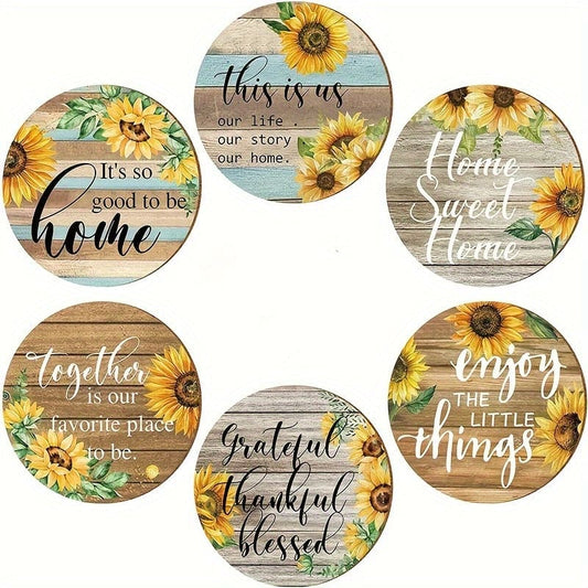6pcs Coasters, Vintage Sunflower Drink Coasters With Holder, Sunflower Wood Drink Coasters, Absorbent Coaster, Housewarming Hostess Gifts For New Home, Funny Drinks Coasters, For Dinning Room And Living Room Decor, Home Decor, Desk Accessories