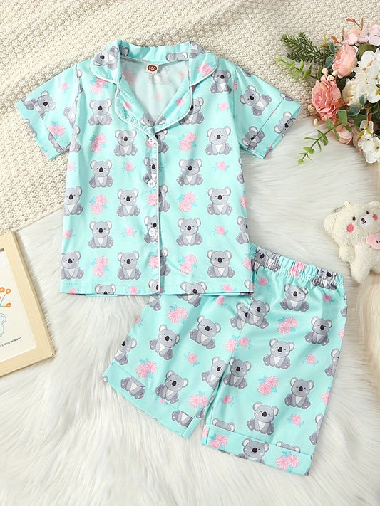 Girls 2pcs Pajama Outfits, Cute Koala Print Short Sleeve Top & Elastic Waist Shorts Set, Sleepwear Kids Clothes