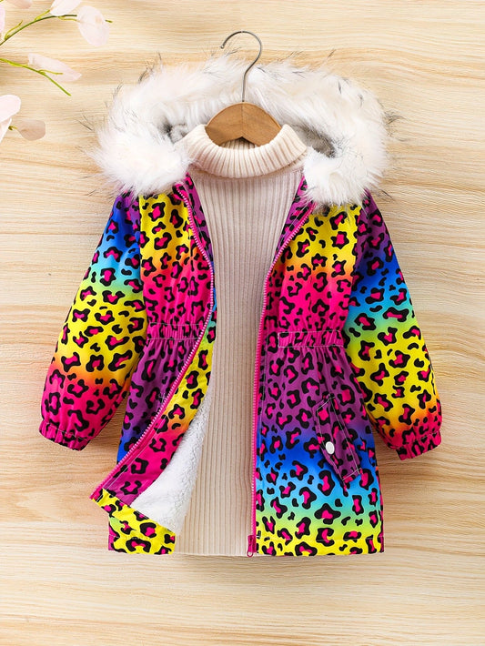 Girl's Leopard Hooded Coat With Fleece Hood For Autumn/winter, Kids Clothing