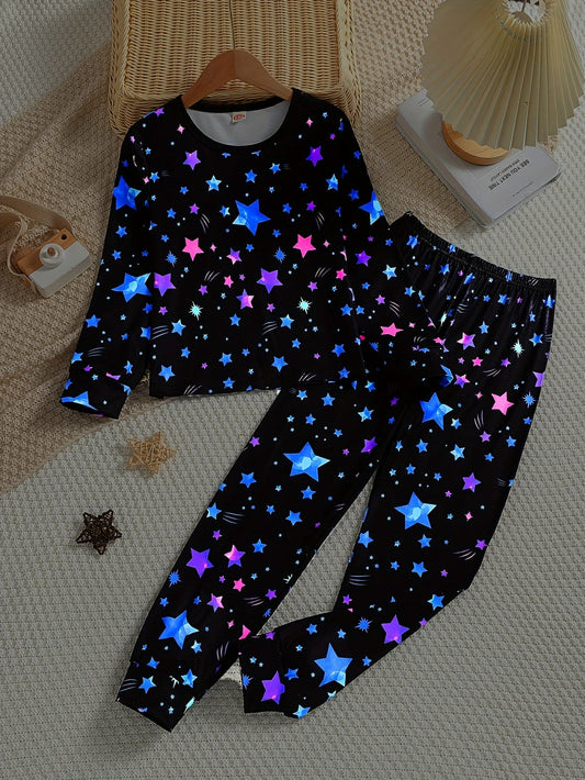2pcs Kid's Star Allover Print Pajamas, Long Sleeve Top & Pants Set, Glow In The Dark Pattern Comfy PJ Set, Girl's Loungewear, As Gift