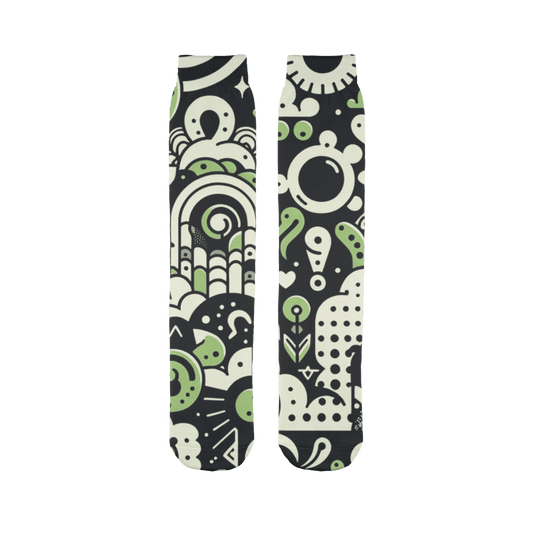 Womens Artsy Modern Green Doodle Print Sublimation Socks