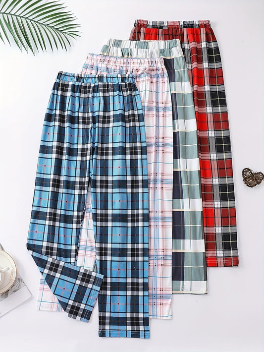 4 Packs Girls' Plaid Trousers Set Comfy Elastic Waist Loungewear Pajamas Pants/ Outwear Pants