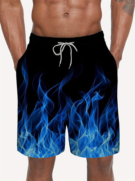 Flames 3D Print Men's Trendy Drawstring Sports Shorts With Pockets, Single Layer Shorts Without Mesh Lining, Summer Beach Party