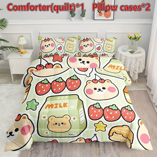 Kawaii Strawberry Bear Comforter Sets for Boys and Girls,Strawberry Duvet 3Pcs in Bedding Sets with 1 Comforter and 2 Pillowcases All Season