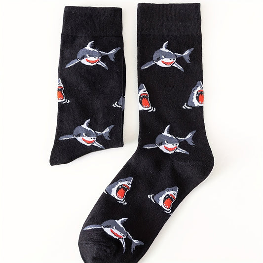 Men's Trendy Cartoon Sharks Pattern Crew Socks, Breathable Comfy Casual Street Style Socks For Men's Outdoor Wearing All Seasons Wearing