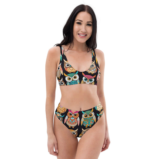 "Fly High in Style: Women's Beautiful Chic Artsy Retro Owl Print High-Waisted Bikini - Embrace Vintage Vibes with a Touch of Whimsical Elegance" - AIBUYDESIGN