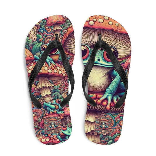 "Funky Frog Fantasy: Women's Cute Artsy Retro Psychedelic Trippy Frog and Mushrooms Print Flip Flops" - AIBUYDESIGN