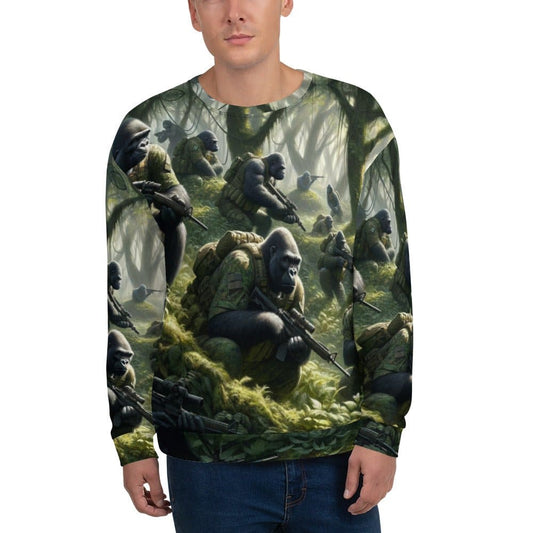 "Gorilla Warfare: Men's Funny Gorillas with Guns Pattern Long-Sleeved Sweatshirt" - AIBUYDESIGN