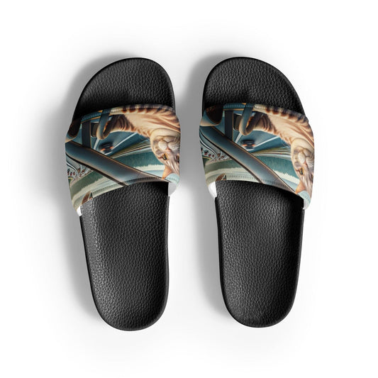 "Highway Cruise: Men's Funny Fat Cat Driving Down the Highway Slide Sandals" - AIBUYDESIGN