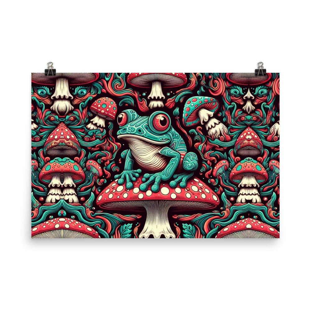"Hopping Toadstools: Psychedelic Trippy Frog Mushroom Poster" - AIBUYDESIGN