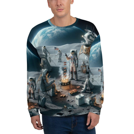"Moon Camping Adventures: Men's Funny Astronauts Camping on the Moon Pattern Long-Sleeved Sweatshirt" - AIBUYDESIGN