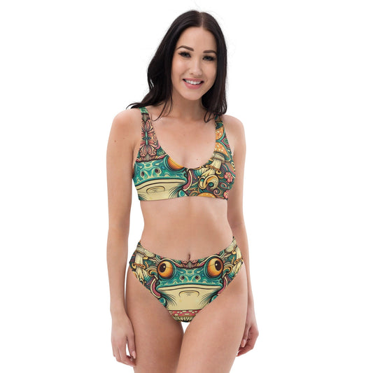 "Mystic Toadstool: Women's Beautiful Chic Artsy Trippy Mushroom Frog Print High-Waisted Bikini - Dive into Psychedelic Style and Whimsical Charm" - AIBUYDESIGN