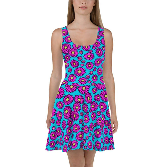 "Neon Bloom: Women's Neon Flowery Chic Artsy Boho Print Skater Dress for Vibrant Style" - AIBUYDESIGN