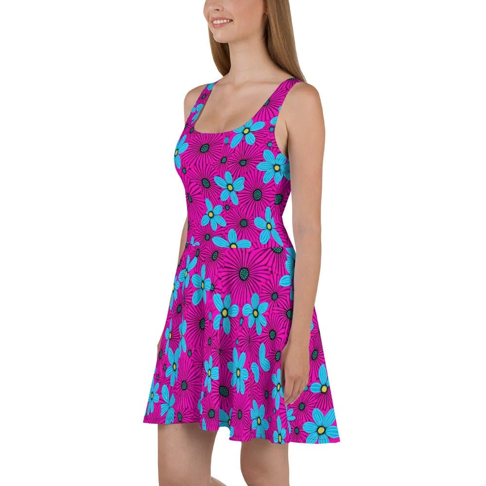 "Neon Floral Boho Charm: Women's Chic Artsy Boho Print Skater Dress with a Pop of Neon" - AIBUYDESIGN