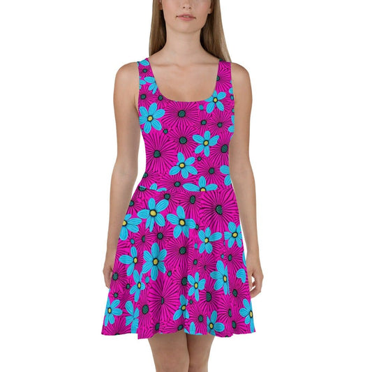 "Neon Floral Boho Charm: Women's Chic Artsy Boho Print Skater Dress with a Pop of Neon" - AIBUYDESIGN