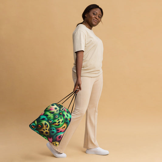 "Neon Jungle Drawstring Bag: Cute Artsy Colorful Leopard Print" - AIBUYDESIGN