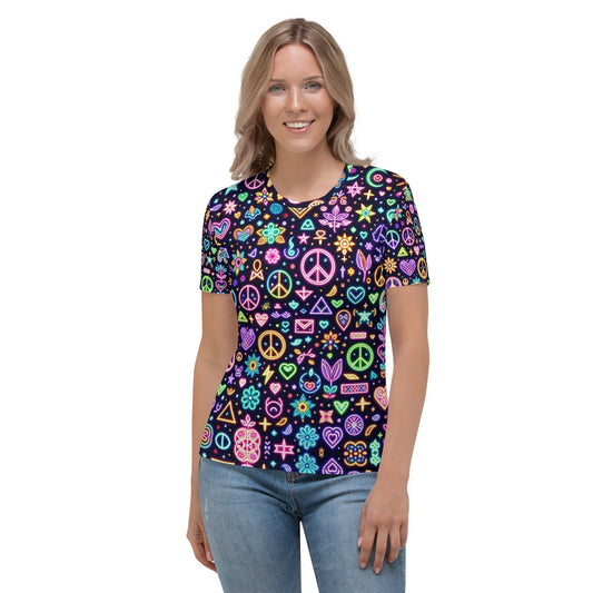 "Neon Symbol Magic: Cute Artsy Boho Hippy Neon Print Women's T-Shirt" - AIBUYDESIGN