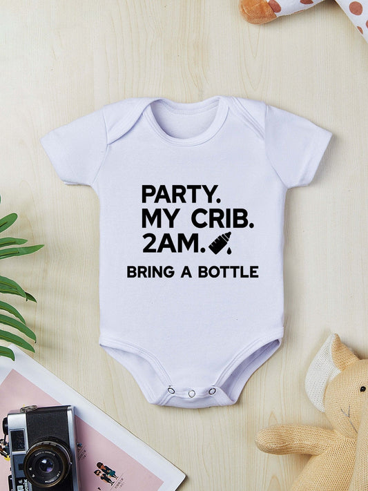"Party My Crib 2AM" Print Cotton Infant's Bodysuit, Casual Short Sleeve Romper, Baby Boy's Clothing - AIBUYDESIGN
