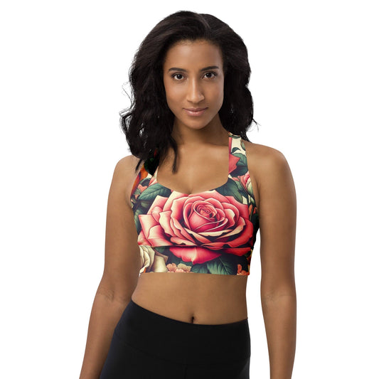 "Pastel Rose Garden: Women's Artsy Boho Pastel Roses Print Longline Sports Bra" - AIBUYDESIGN