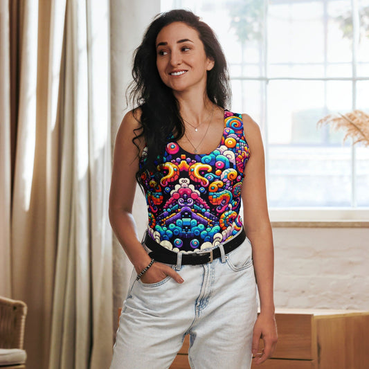 "Pixelized Psyche: Women's Boho Tank Top with Colorful 8-Bit Psychedelic Print" - AIBUYDESIGN