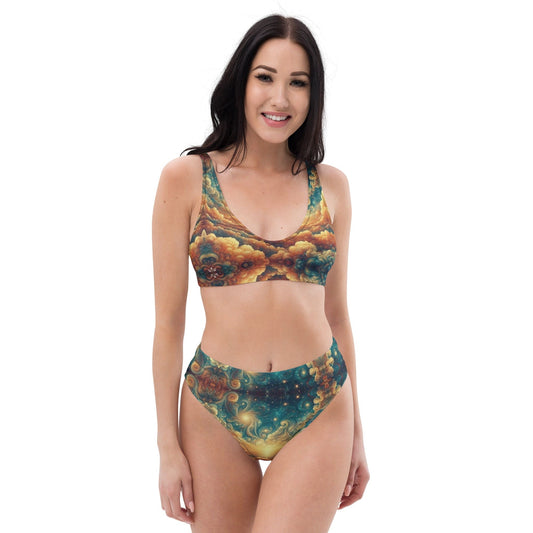 "Psychedelic Sky Dream: Women's Beautiful Chic Artsy Psychedelic Sky Print High Waisted Bikini - Embrace the Ethereal with Vibrant Colors and Surreal Designs!" - AIBUYDESIGN
