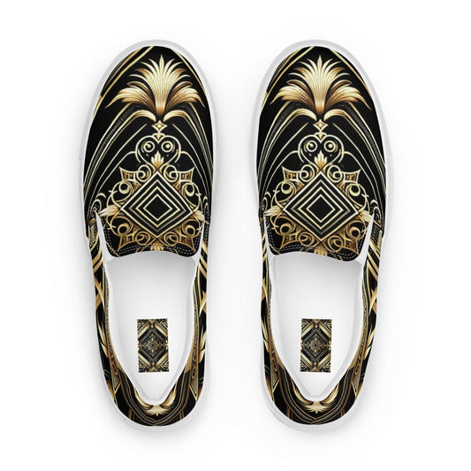"Regal Elegance: Men's Dark Gold Artistic Pattern Slip-On Canvas Shoes" - AIBUYDESIGN