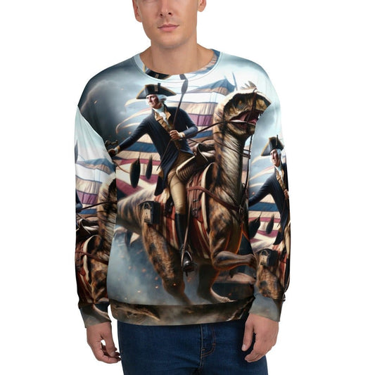 "Revolutionary Raptors: Men's Funny George Washington Rides a Raptor into Battle Pattern Long-Sleeved Sweatshirt" - AIBUYDESIGN