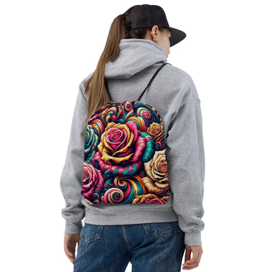 "Rose Garden Bliss Drawstring Bag: Cute Artsy Colorful Print" - AIBUYDESIGN