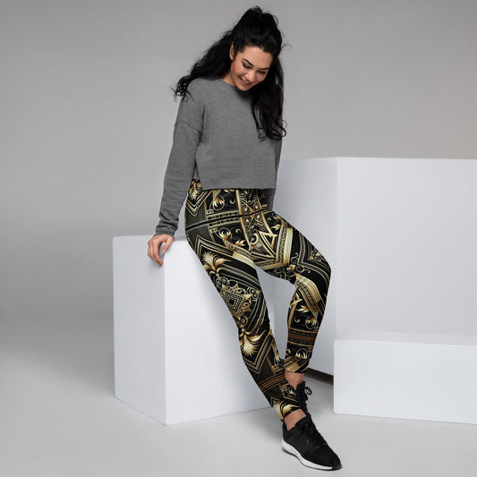 "Royal Elegance: Luxurious Regal Black and Gold Print Artsy Joggers for Women" - AIBUYDESIGN