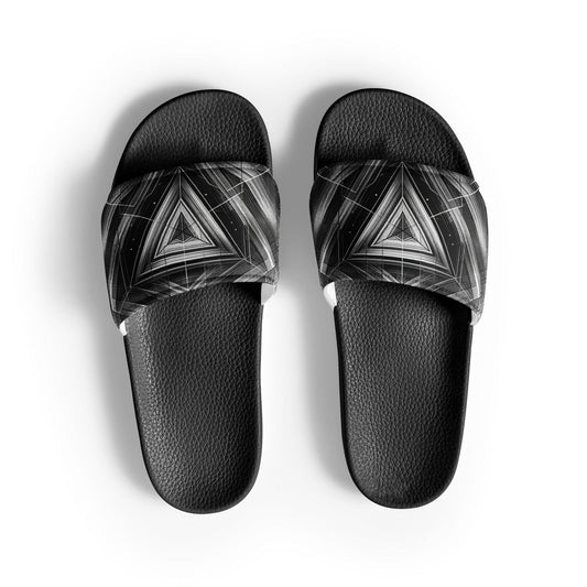 "Rustic Glyph Glitch: Men's Dark Rustic Slide Sandals" - AIBUYDESIGN