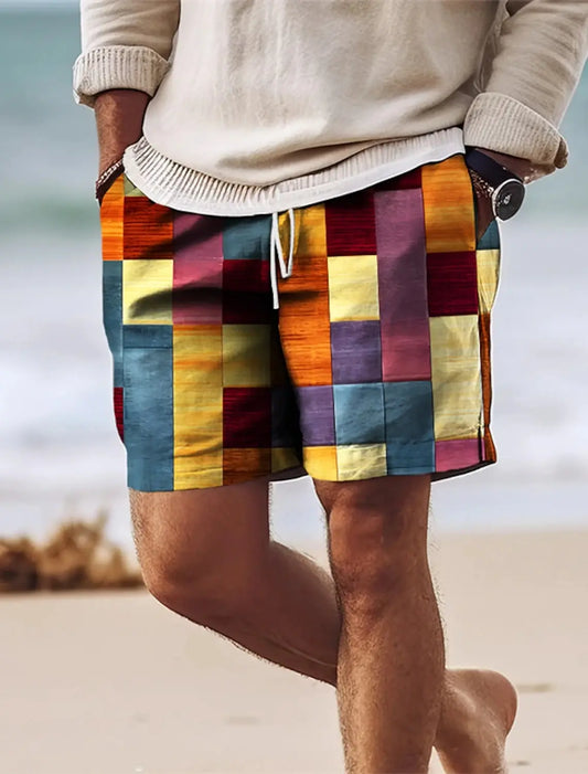 Men's Surf Shorts Drawstring Swim Shorts with Mesh Lining Elastic Waistband Colorblocked Quick Dry Shorts Holiday Beach Casual