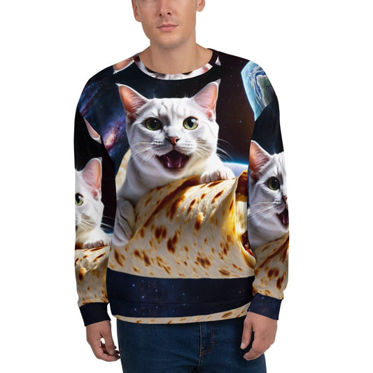 "Space Burrito Cat: Men's Funny Cat on a Burrito Pattern Long-Sleeved Sweatshirt" - AIBUYDESIGN