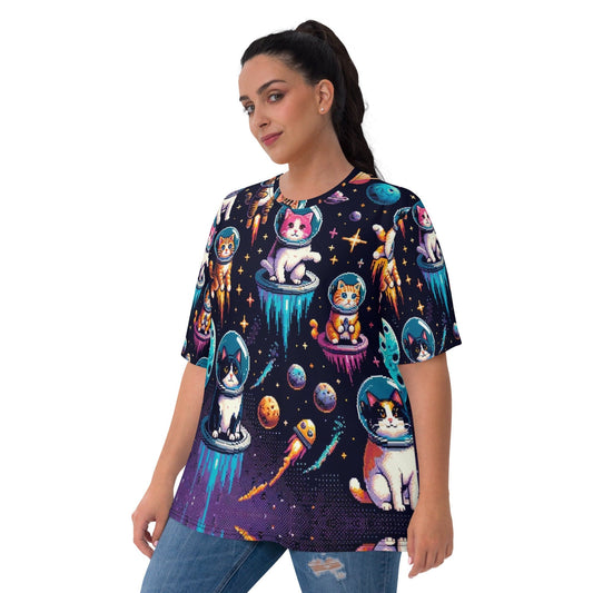 "Space Cats Adventure: Cute Artsy Boho 8-Bit Pixelized Cats in Space Pattern Women's T-Shirt" - AIBUYDESIGN