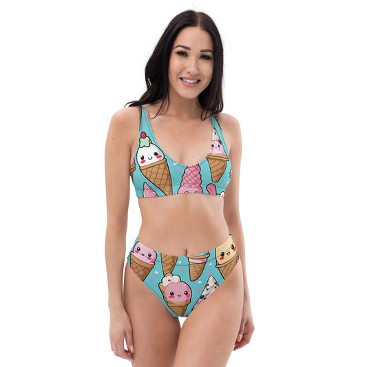 "Sundae Fun: Women's Beautiful Chic Artsy Kawaii Ice Cream Print High-Waisted Bikini - Sweeten Your Beach Look with Whimsical Flair" - AIBUYDESIGN
