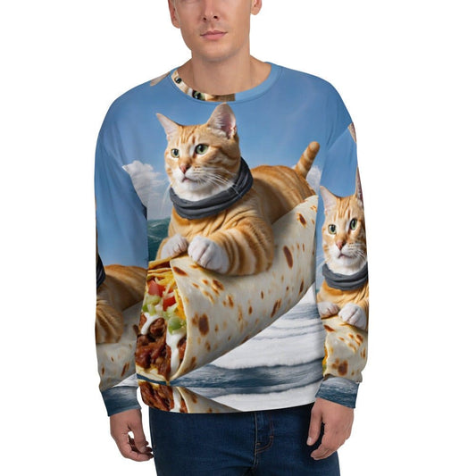 "Surfing Cat Fiesta: Men's Funny Cat Surfing a Burrito Pattern Long-Sleeved Sweatshirt" - AIBUYDESIGN
