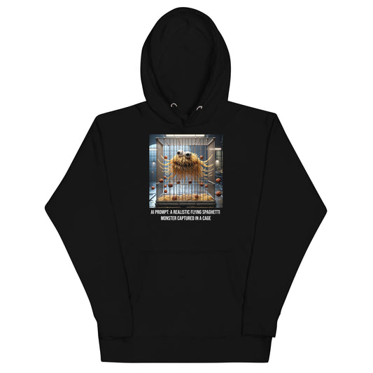 Byte-Sized Laughs: Captured Spaghetti Monster AI-themed Hoodie for Tech Enthusiasts