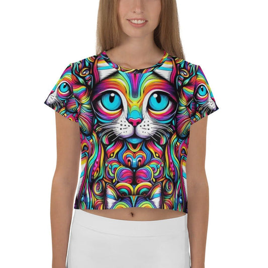 "Womens Beautiful Chic Artsy Retro Psychedelic Cat Crop Tee - Meow-tastic Style for Your Wardrobe!" - AIBUYDESIGN