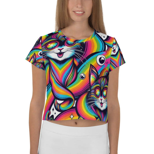 "Womens Beautiful Chic Artsy Retro Psychedelic Cat Crop Tee - Unique Addition to Your Casual Wear Collection!" - AIBUYDESIGN