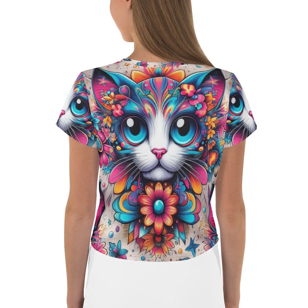 "Women's Retro Psychedelic Cat Crop Tee - Add a Groovy Twist to Your Wardrobe!" - AIBUYDESIGN